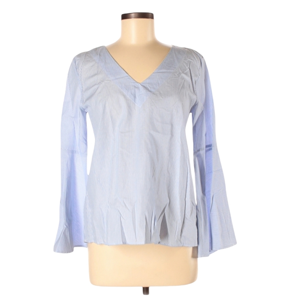 Zara Long Bell Sleeve Blouse Size M V-neck Blue White Striped Lightweight